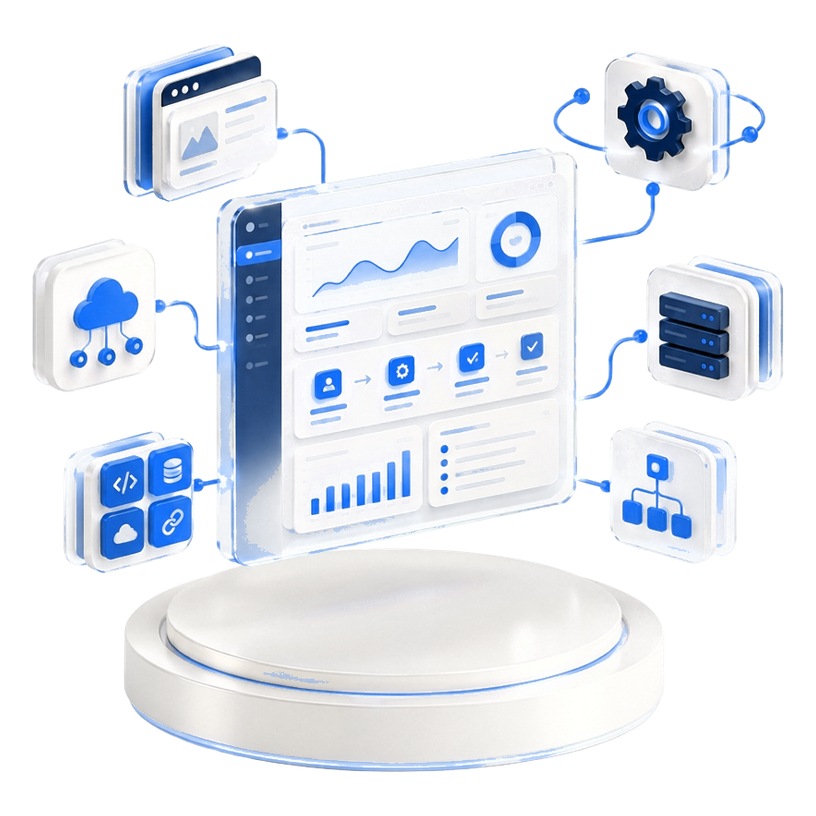 Isometric glass dashboard surrounded by connected service tiles on a circular podium