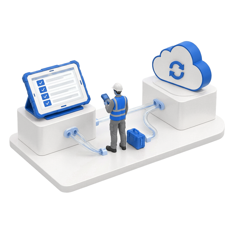 Isometric rugged field tablet on a pedestal linked by a glowing conduit to a cloud, with a field worker