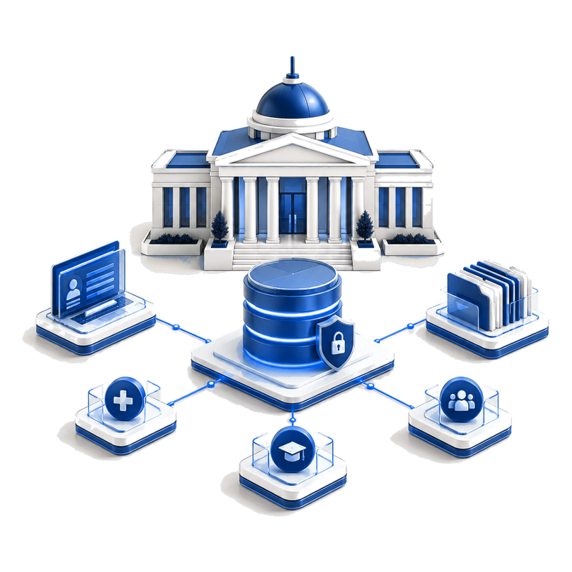 Isometric institutional building connected to a central database and citizen service nodes