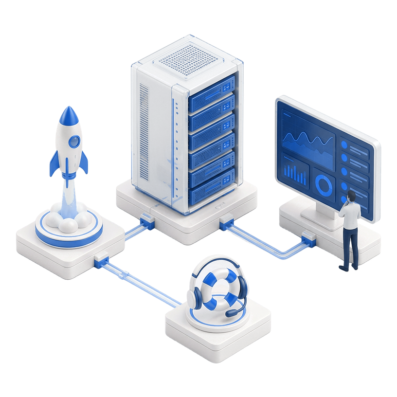 Isometric server rack, launch rocket and monitoring dashboard linked by glowing conduits