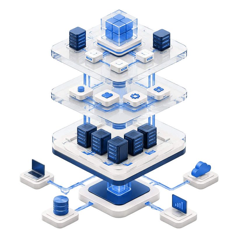 Isometric cloud infrastructure stack with connected servers, services and devices
