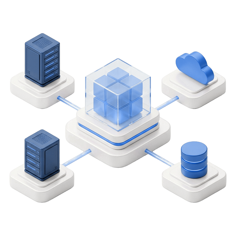 Isometric network of connected systems linked by glowing data conduits